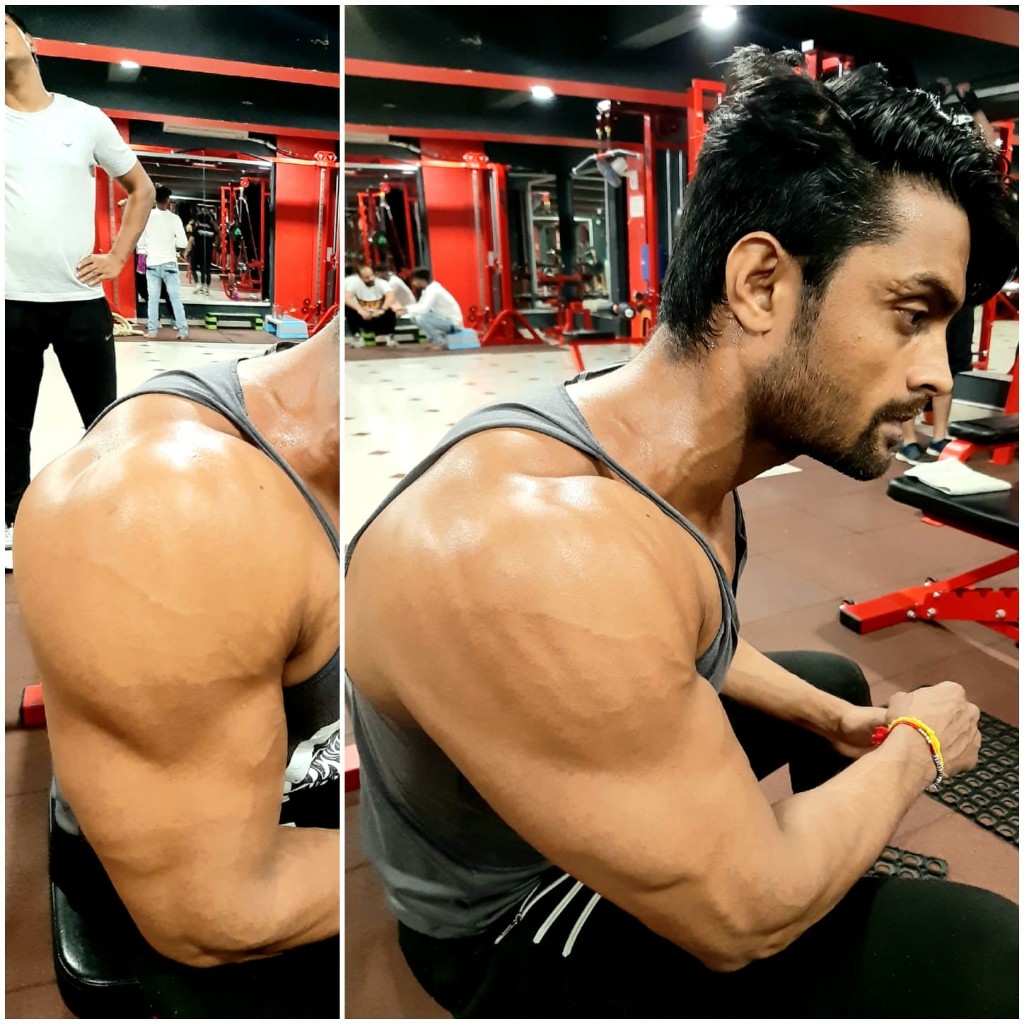Close-up of training focus and physique on the floor